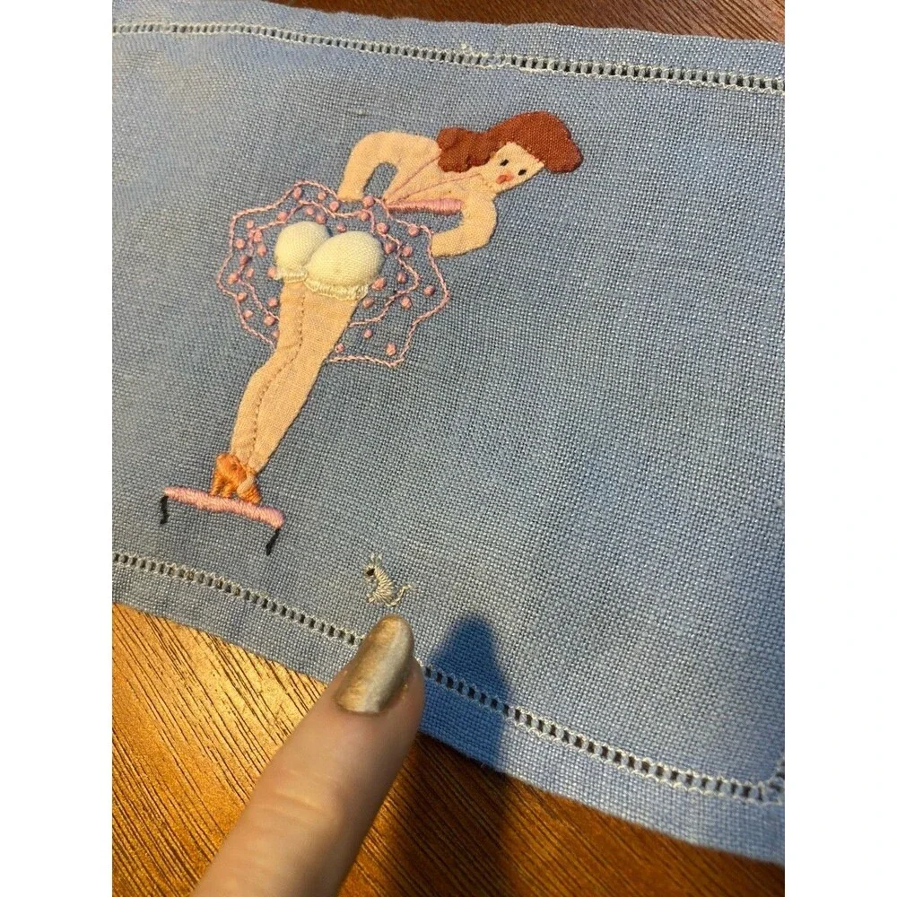 Vintage Cocktail Napkins Risque  Pin Up Girls Madeira Embroidered Linen LOT 5